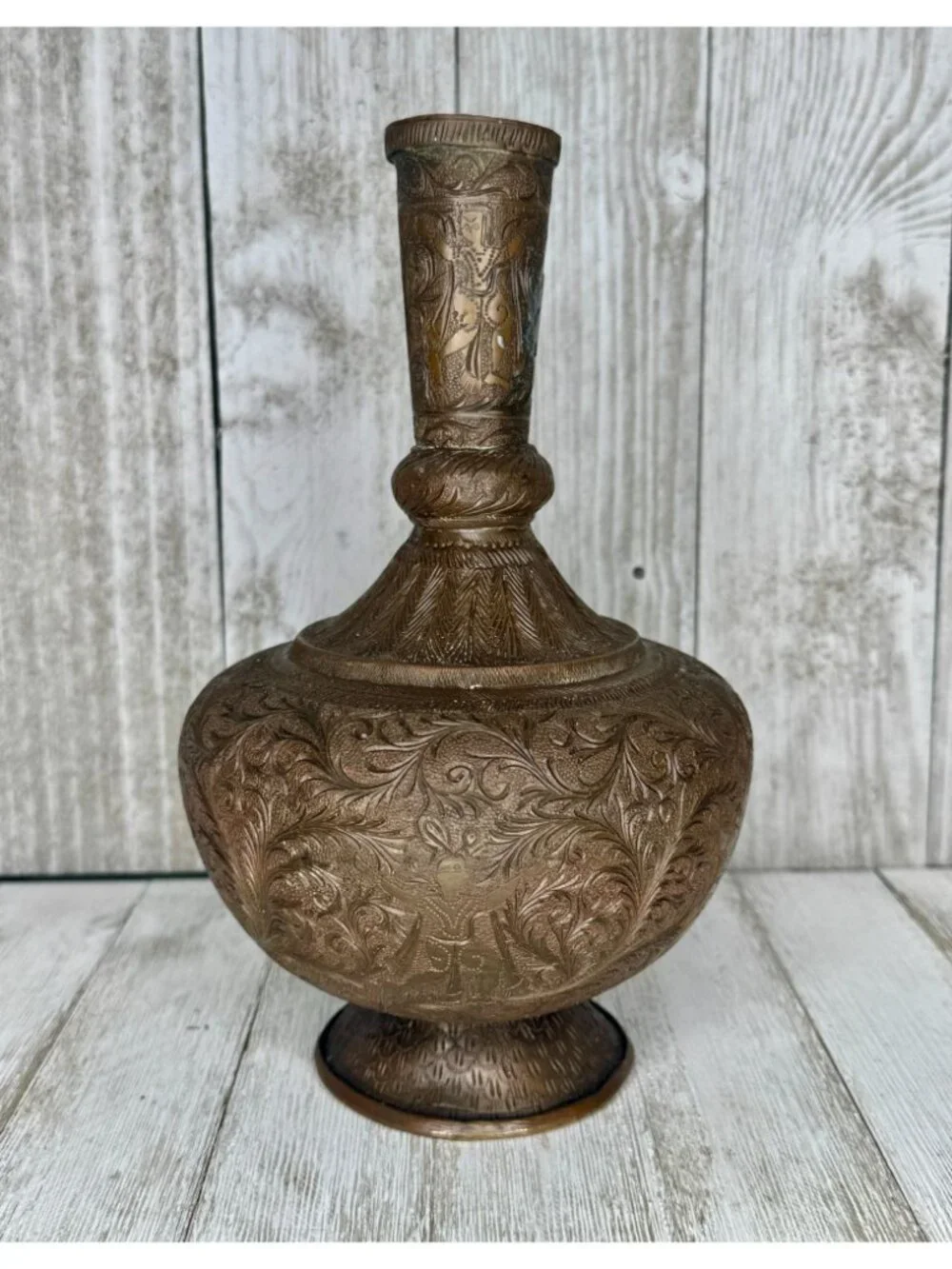 Antique Indian Engraved Etched Brass Surahi Vase